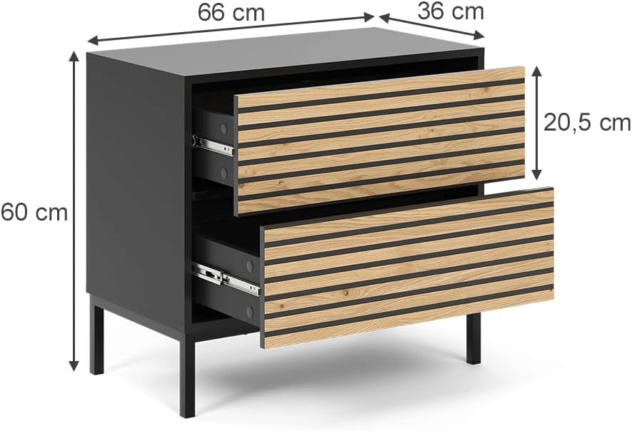 Comodino camera da letto Eliza, Nero/quercia, 66 x 60 cm con 2 cassetti