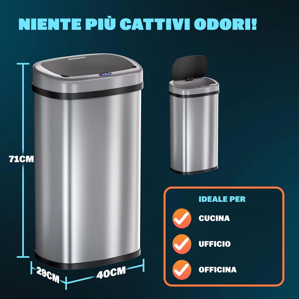 ® Cestino 58L con Sensore Automatico Movimento Display LED Pattumiera Rifiuti Smart Bidone Intelligente Cavo USB