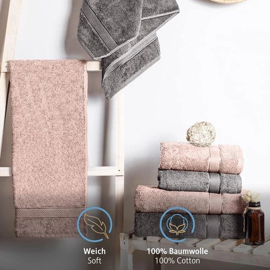 Set di 8 asciugamani in cotone 100%, 4 asciugamani per doccia da 70 x 140 cm e 4 asciugamani da 50 x 100 cm, tessuto da bagno, morbido, asciugamano grande, grigio antracite/rose.