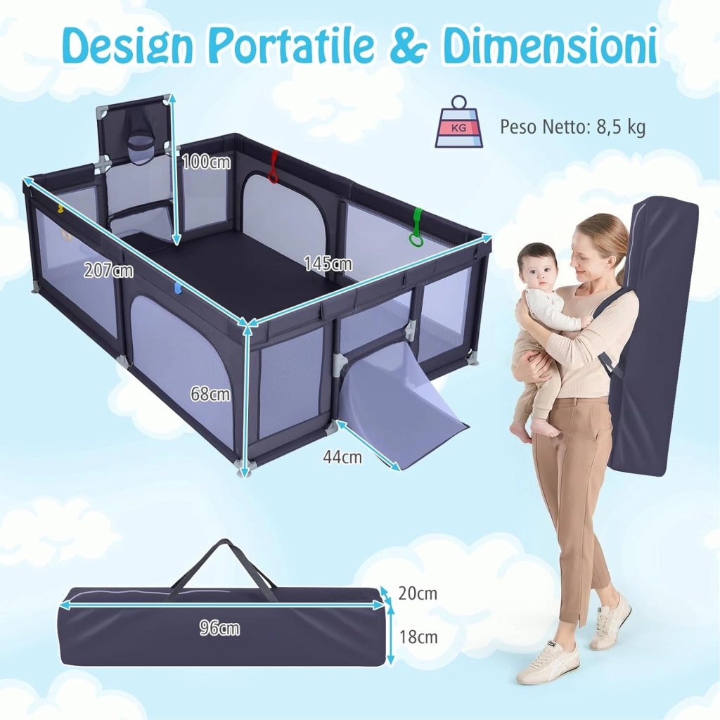 Box Neonati 210 x 150 cm, Recinto Bambini Pieghevole con Canestro da Basket e 2 Porte da Calcio, Parco Giochi con 50 Palline, 4 Anelli e Borsa Trasporto, per Bambini 0-3 Anni (Grigio Scuro)