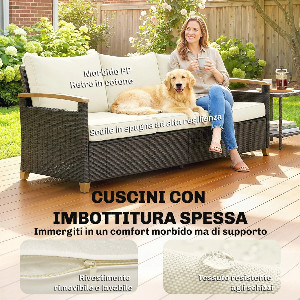 Divano da Esterno 3 Posti in Rattan PE ¨C zephmum ¨C Marrone, Crema, con Cuscini