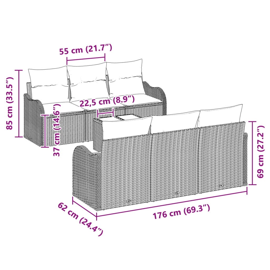 Set divano da giardino 7 pezzi con cuscini Rattan marrone