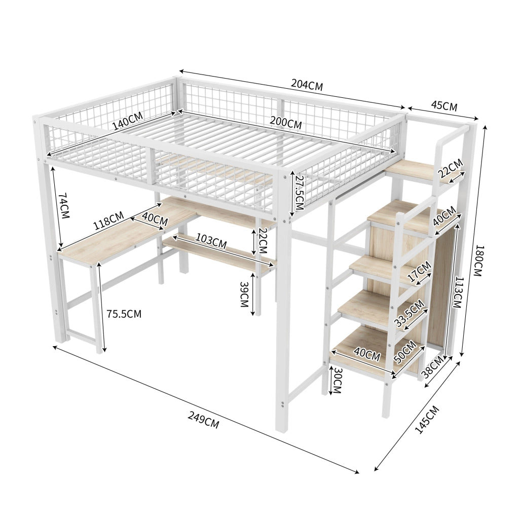 OKWISH Letto a Soppalco 140×200 cm, Letto Matrimoniale con Scrivania, Armadio e Scaffali, senza Materasso, in Metallo e MDF, Bianco