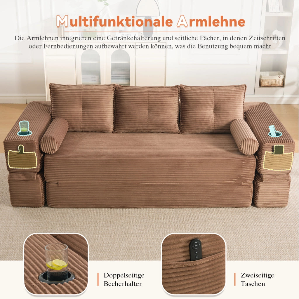 Divano letto modulare con cuscini memory, tasche laterali e portabicchieri in velluto a coste marrone per casa