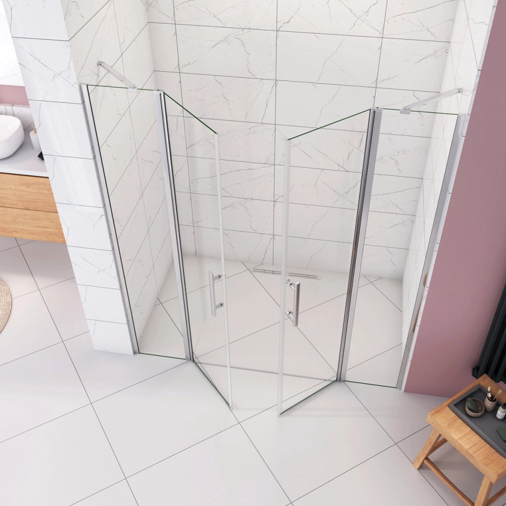 Box Doccia per Nicchia H.195 cm Doppia Porta Battente Saloon da 175 cm (90+90: 1720-1760 mm) 2 Pannelli Fissi con Barra Stabilizzatrice Vetro Temperato 6 mm Anticalcare