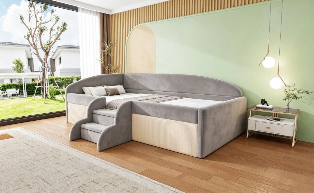 Letto imbottito per bambini con gradini e recinzioni, 90x190 cm, grigio