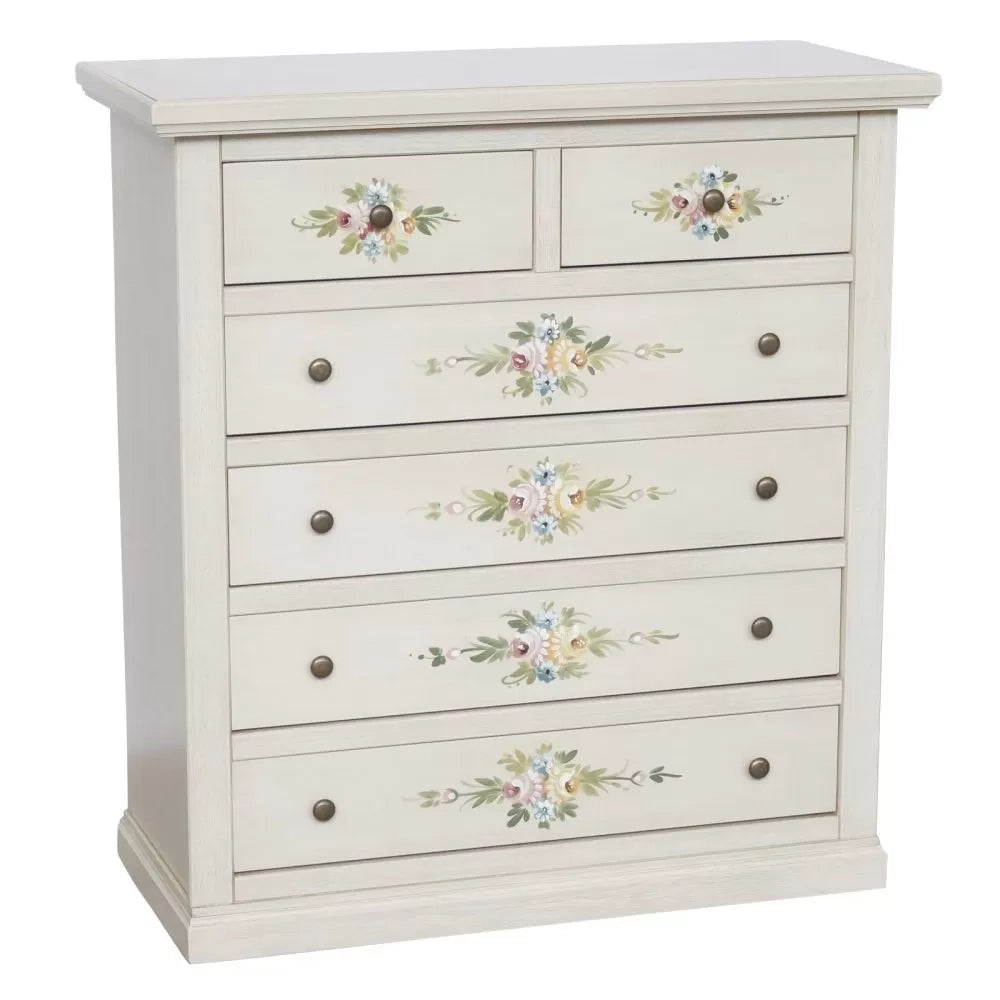 Cassettiera 6 cassetti in legno shabby bianco anticato decorato 86x40x96 - Mobili 2G