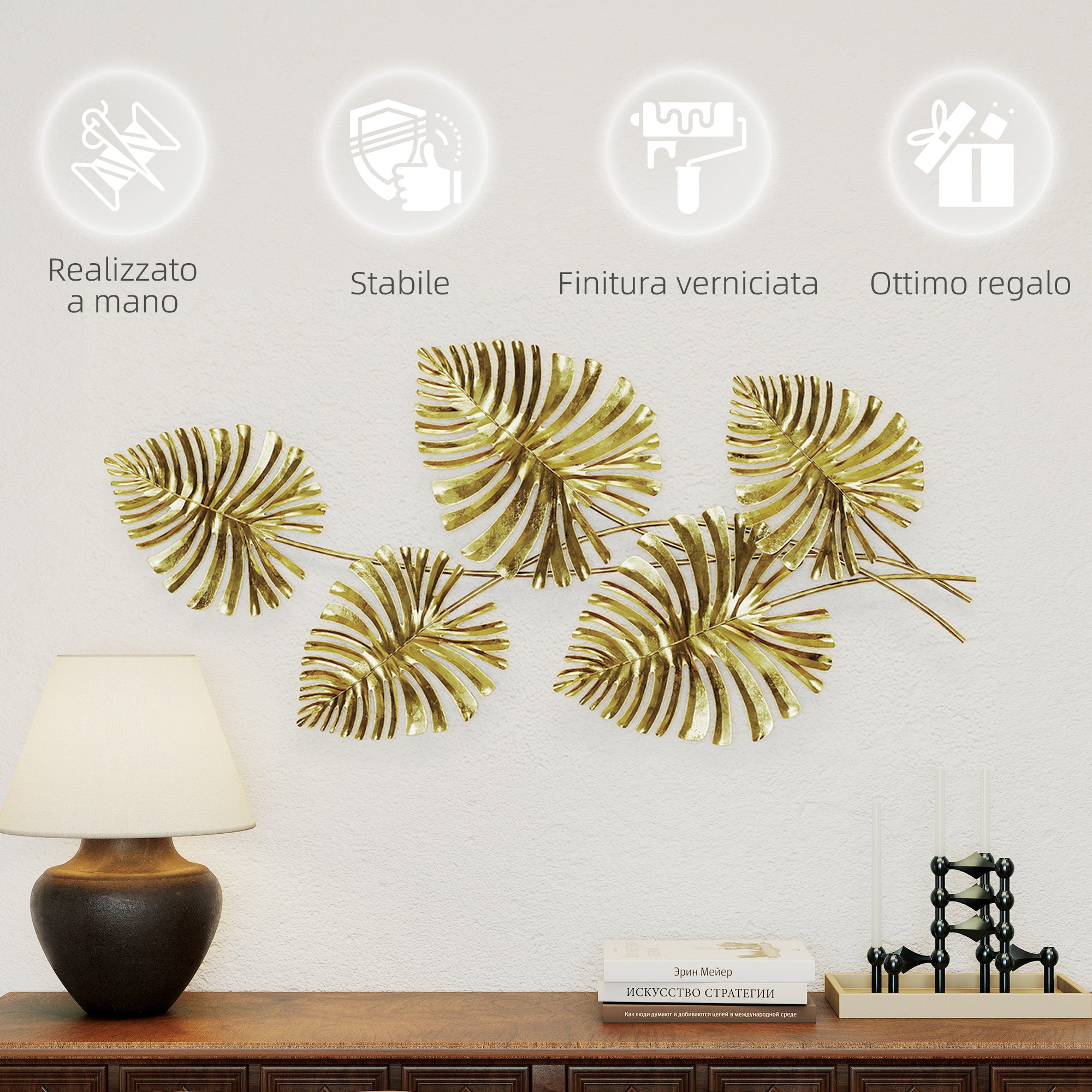 Decorazione Murale 3D 83x2,5x39 cm Wall Art Foglie di Monstera in Metallo Oro