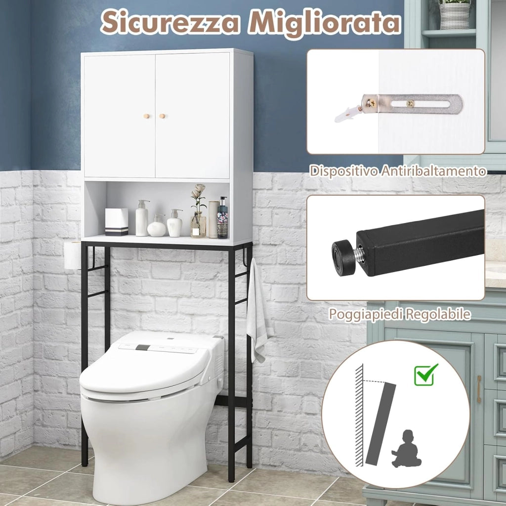 Scaffale Bagno 165,5 cm Sopra WC, Mobile Bagno Salvaspazio con 2 Porte, Ripiano Regolabile, Bara Inferiore Regolabile, 2 Ganci Laterali, Organizzatore sopra Gabinetto per Lavanderia (Bianco)