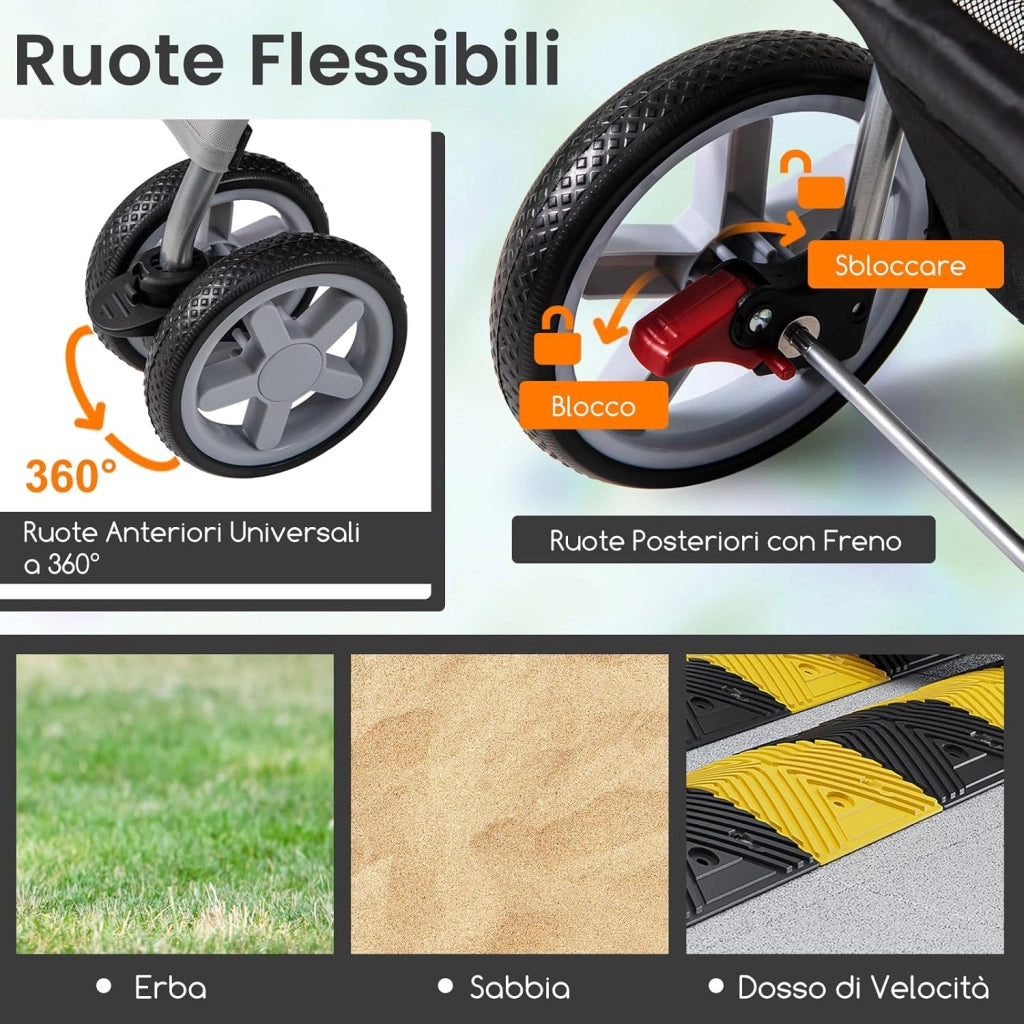 Passeggino per Cani, Carrozzina per Cani Pieghevole Fino a 15 kg, 4 Ruote con Finestra a Rete Porta Bicchiere e Cesto, Passeggino Portatile per Animali Piccola e Media (Grigio)