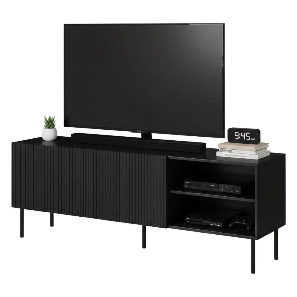 Mobile porta TV Molini, Madia da salotto con quattro ante battenti, Rialzato da terra, 150x42 h52 cm, Nero