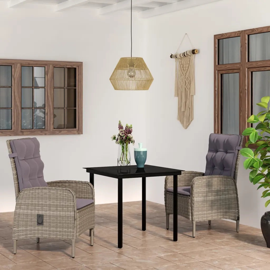 Set da Pranzo da Giardino 3 pz con Cuscini Grigio e Nero 3099359