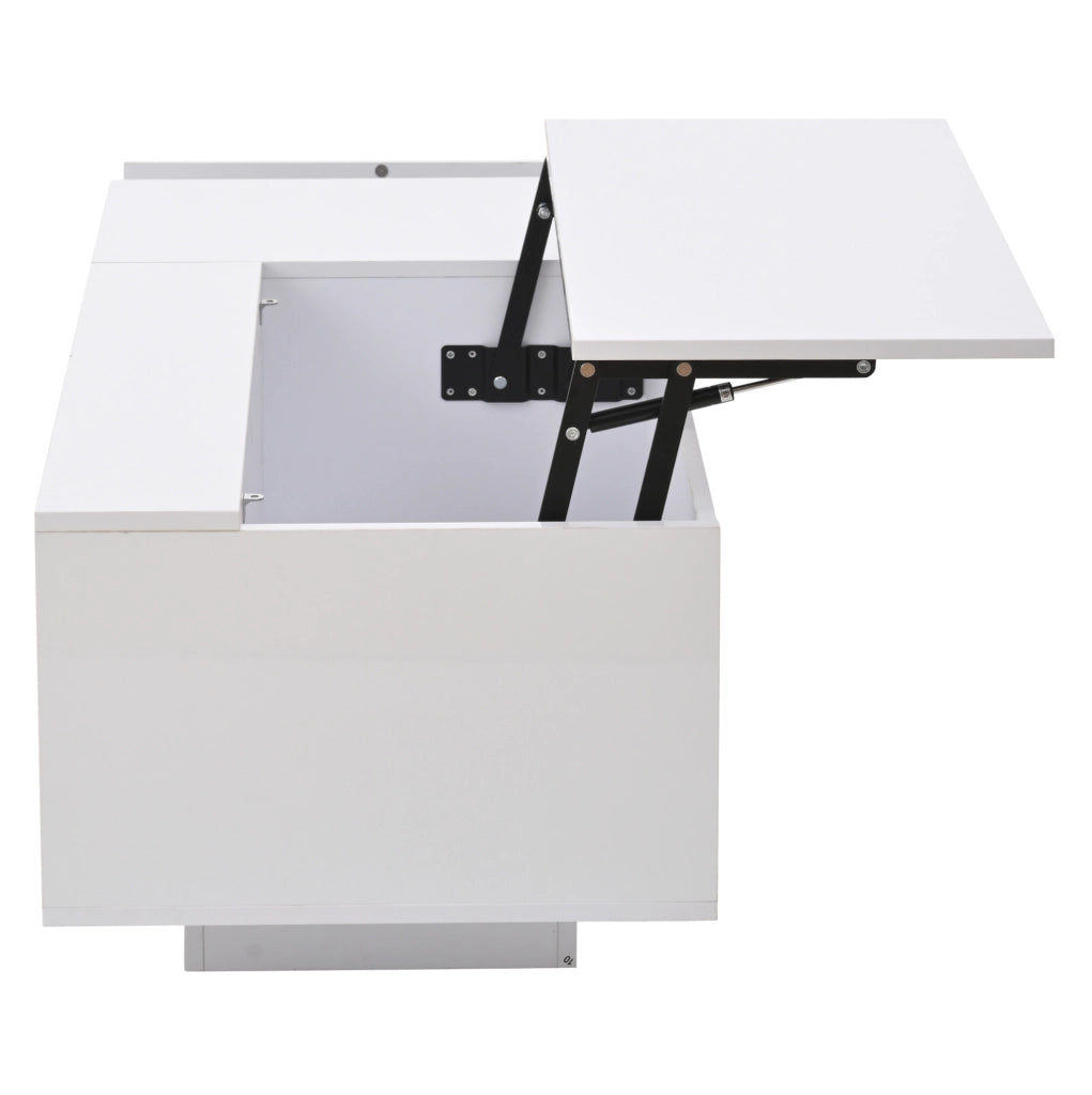 Tavolino da salotto 100x50x40 cm; sollevabile con contenitore nascosto e LED; pannello truciolare bianco