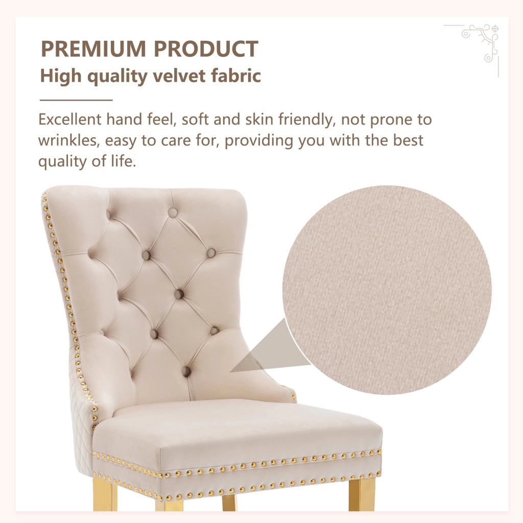 OKWISH Set di 2 Sedie da Pranzo con Anello Sullo Schienale e Borchie Decorative, Piedini Regolabili, Velluto Beige