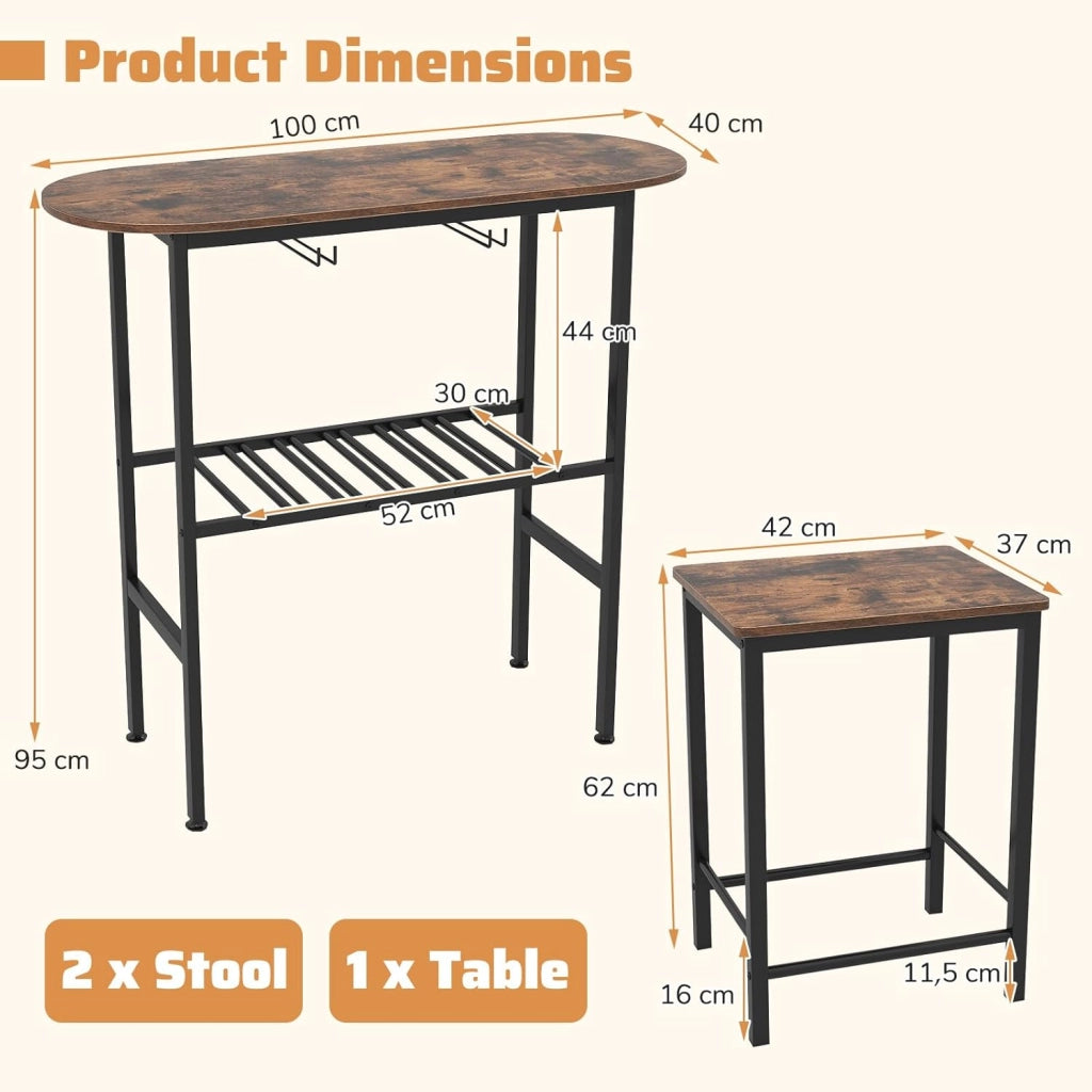 Set da pranzo 3 pezzi, tavolo bar con 2 sgabelli, portabottiglie, 2 portabicchieri da vino, poggiapiedi, tavolo da cucina industriale per soggiorno, cucina (marrone rustico)