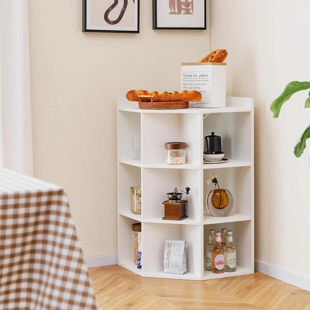 Mobile ad Angolo a 3 Livelli in Legno, Libreria Angolare Aperta con Stazione di Ricarica 9 Cubi 2 Porte USB e 4 Prese, Adatto per Spazi Ridotti, 51x71,5x86 cm (Bianco)