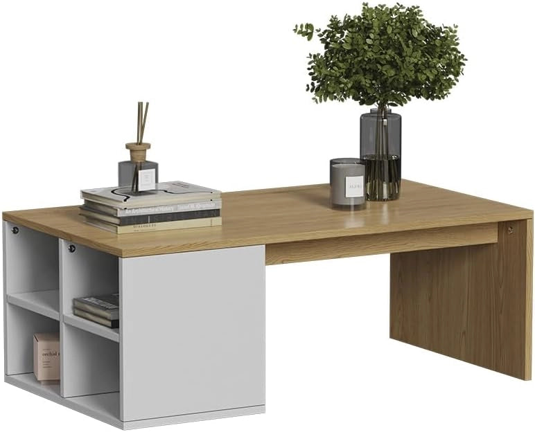 Tavolino da salotto Kivo, Bianco, 90 x 50 cm con 4 scomparti aperti, adatto per riporre riviste e telecomandi