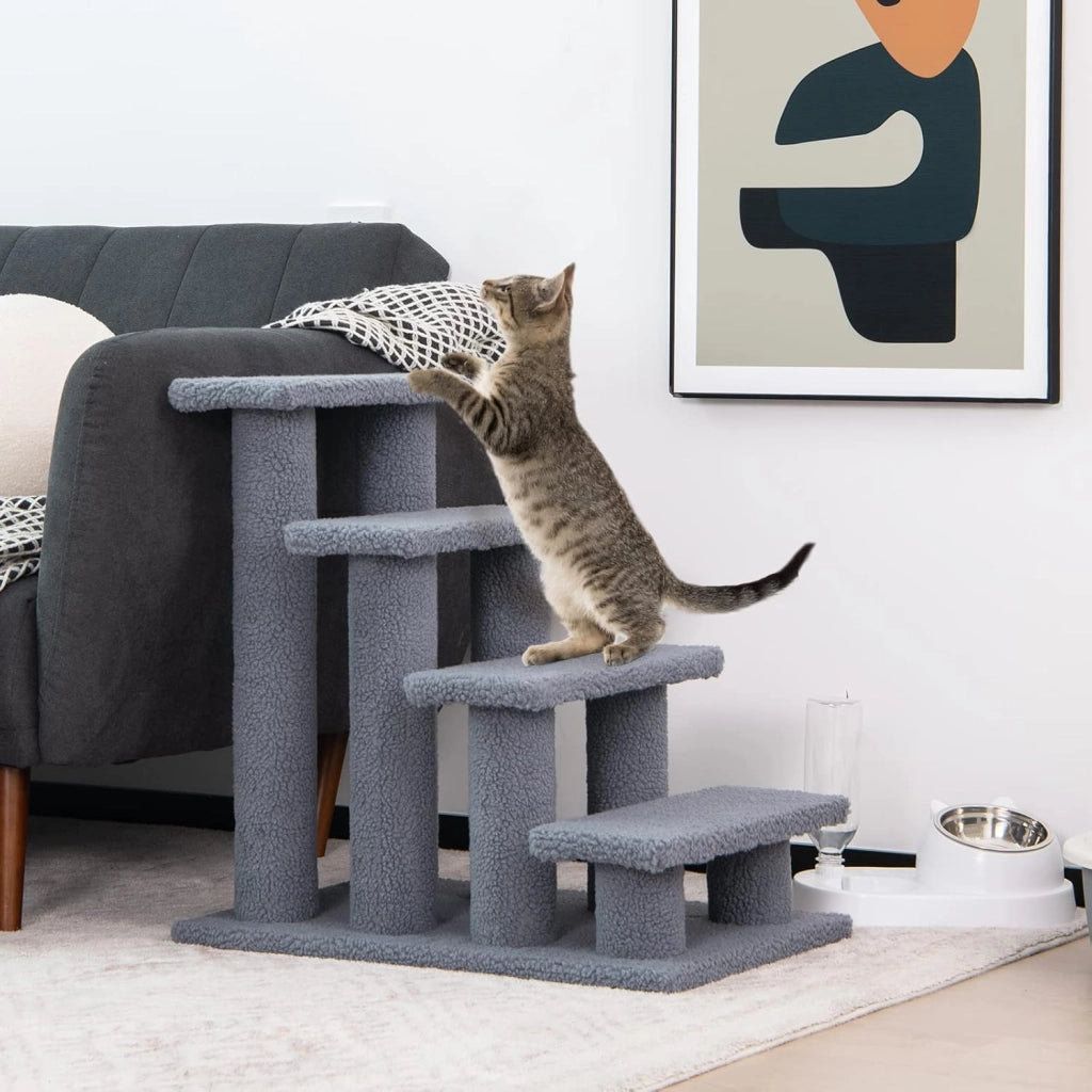 Scaletta per Cani e Gatti con 4 Gradini, Scaletta per Gatti di Taglia Piccola, Tiragraffi per Gatti a Forma di Scala, Rivestita in Tessuto Morbido, 41 x 61 x 60 cm (Grigio)