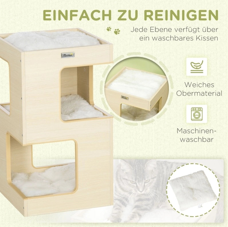 Torre tiragraffi ULEVR per gatti 34x34x60 cm a 3 livelli con cuscini e gioco a forma di topo, rovere