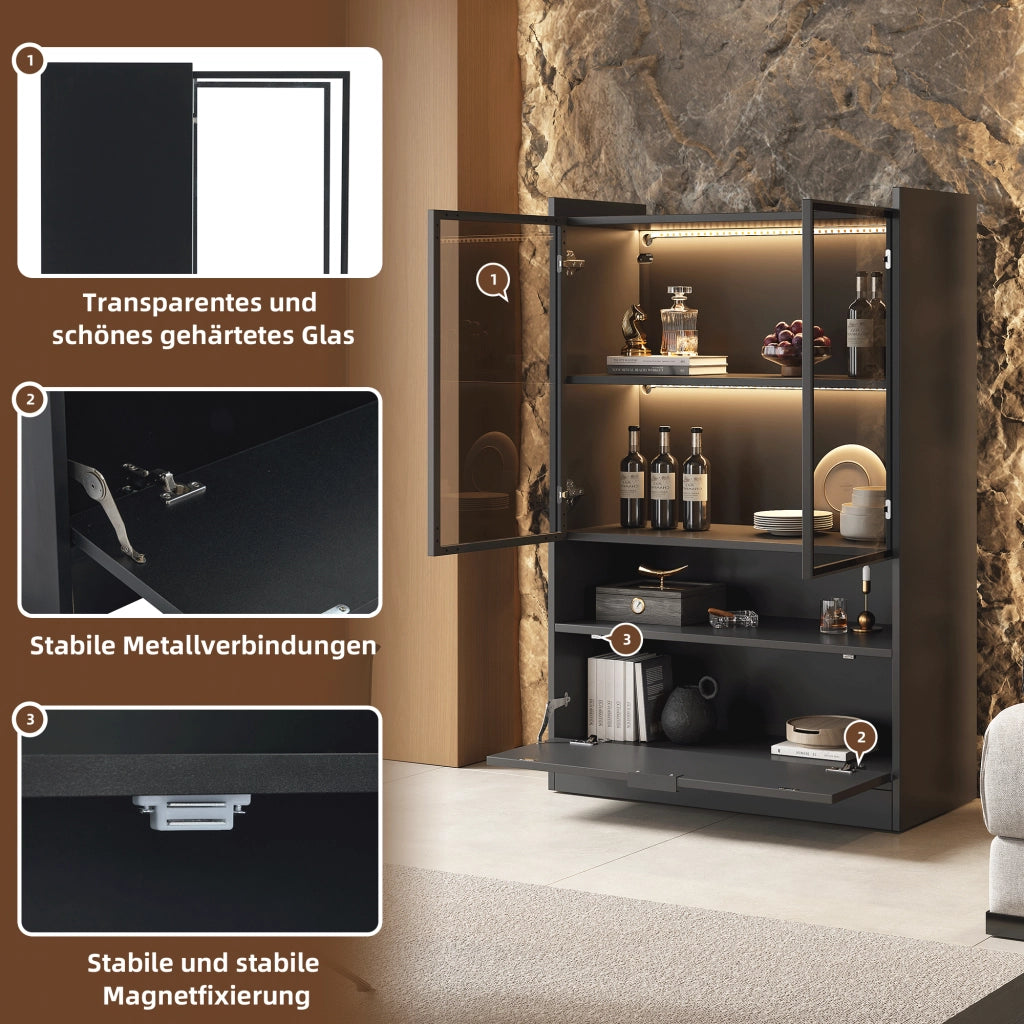 Vetrina con LED e ante in vetro temperato, vano ribaltabile, per soggiorno, in truciolare, nero, 120 × 80 × 35 cm