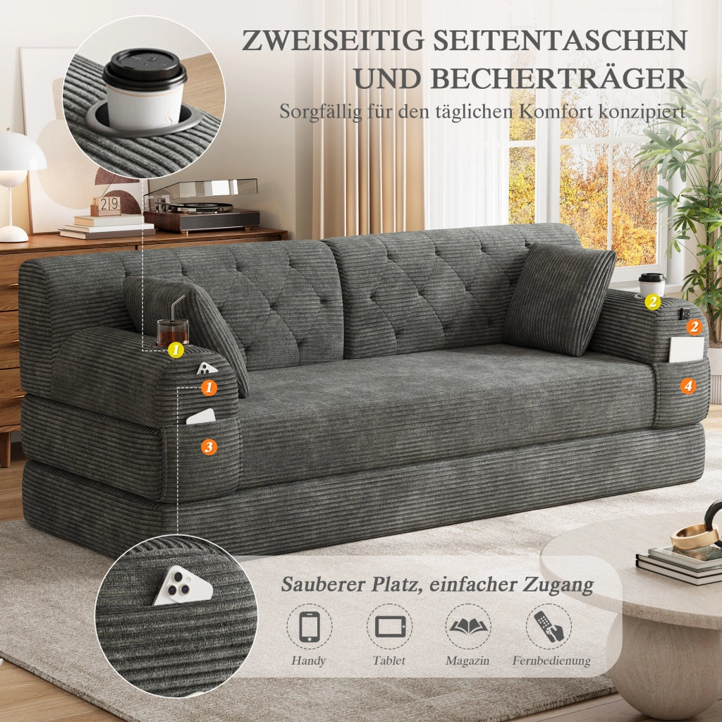 Divano letto a 3 posti con schienale alto, 4 tasche e 2 portabicchieri in tessuto effetto corda grigio scuro