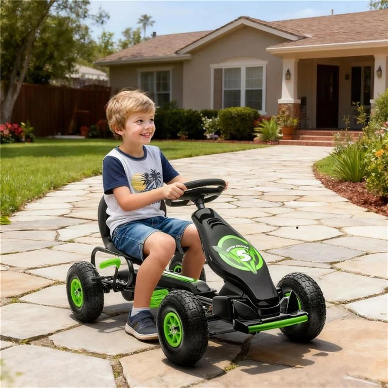 GO KART A PEDALI PER BAMBINI 5-12 ANNI CON SEDILE REGOLABILE, IN METALLO E PP 121X58X61 CM, VERDE E NERO