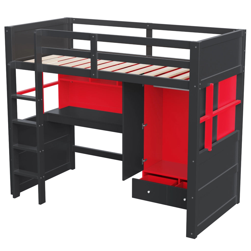Letto a soppalco ULEVR 90x200 cm con scrivania, armadio, cassetti, LED e prese, nero e rosso