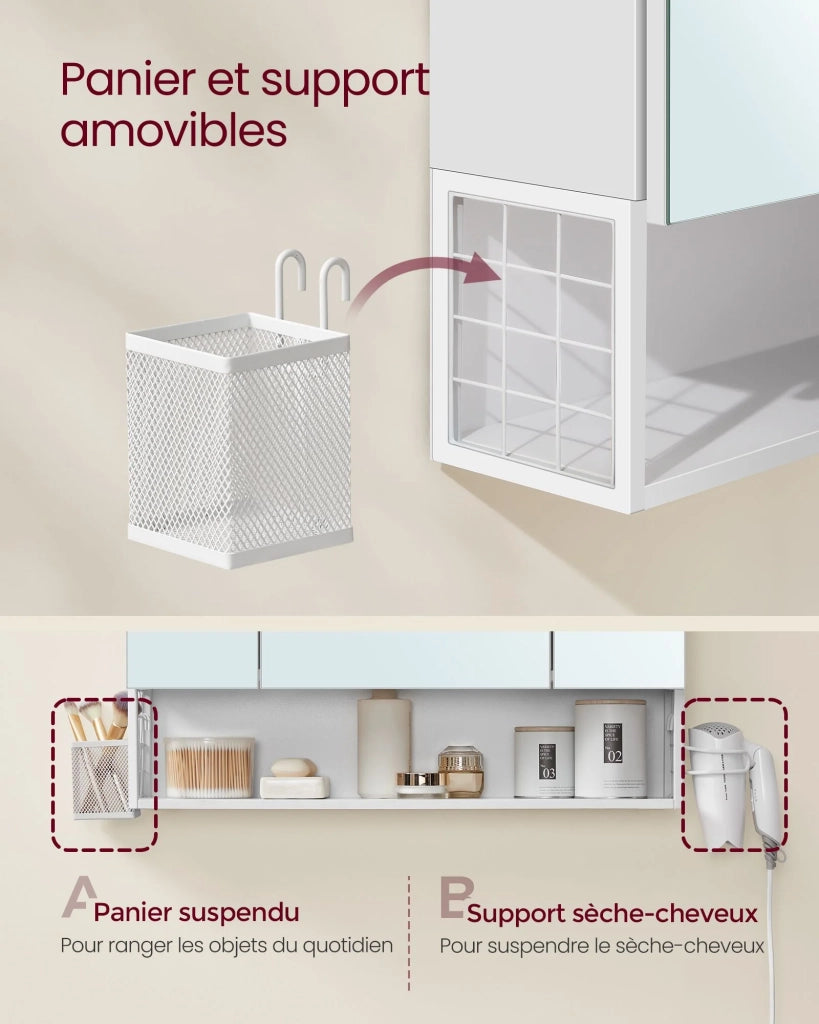 Mobiletto da bagno a 3 ante sospeso con specchio multipresa cestino pensile portaphon e lavabo bianco (12_0006464)