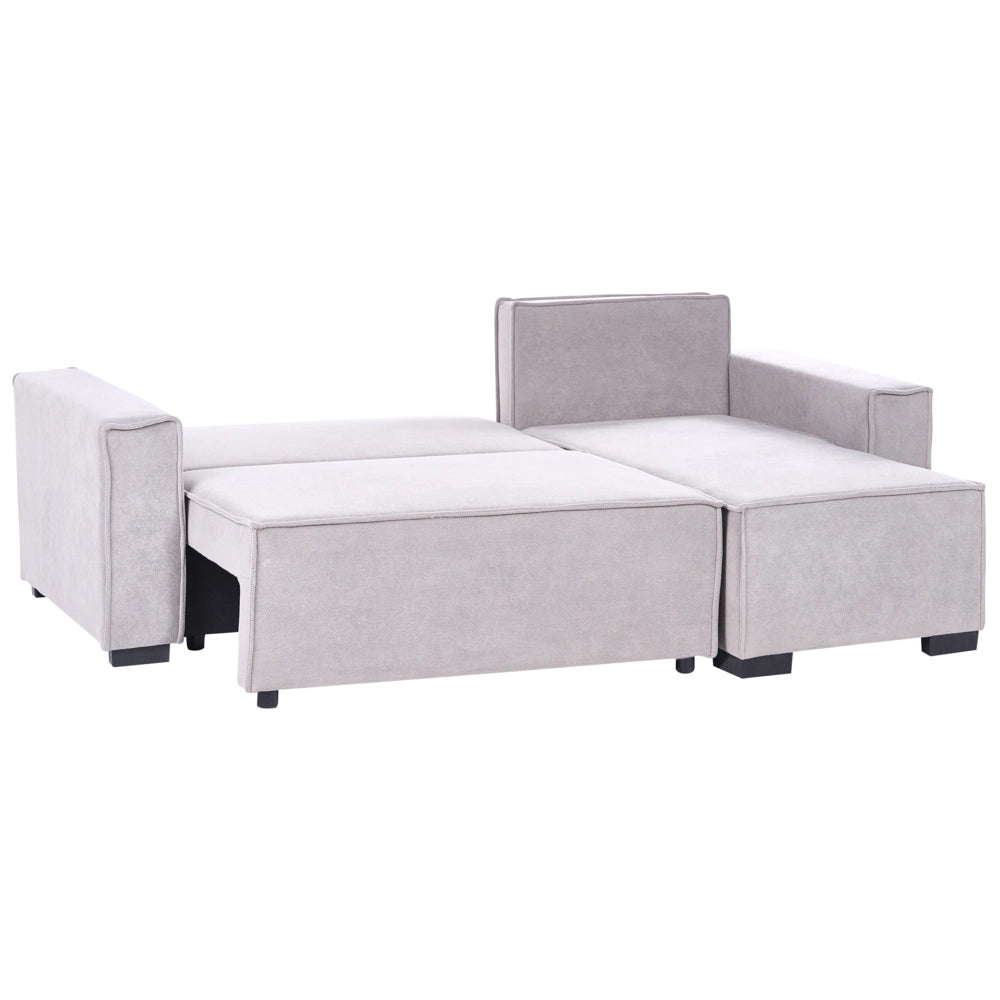 Divano letto angolare a 3 posti con rivestimento in tessuto grigio lato sinistro con braccioli contenitore reversibile stile moderno soggiorno