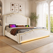 Letto imbottito 140x200 cm beige con LED, USB-C e 4 cassetti