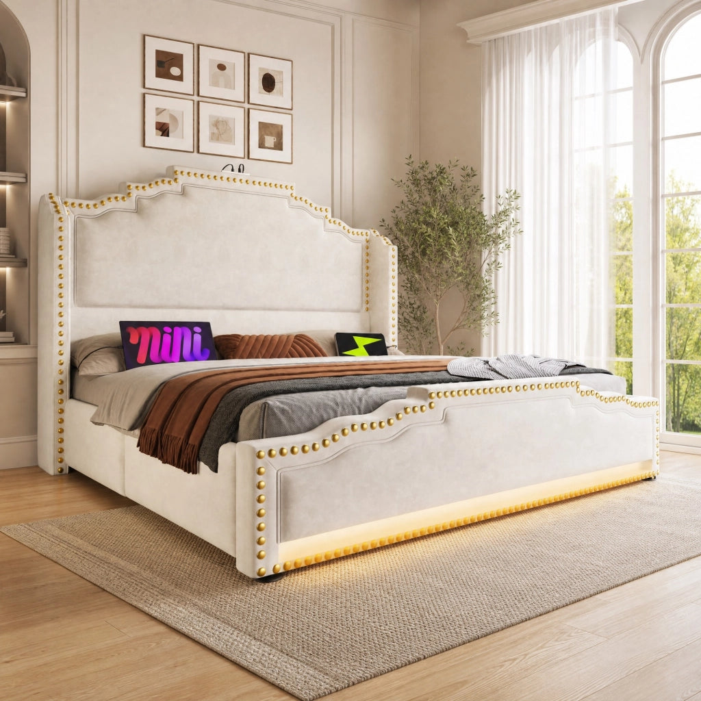 Letto imbottito 140x200 cm beige con LED, USB-C e 4 cassetti