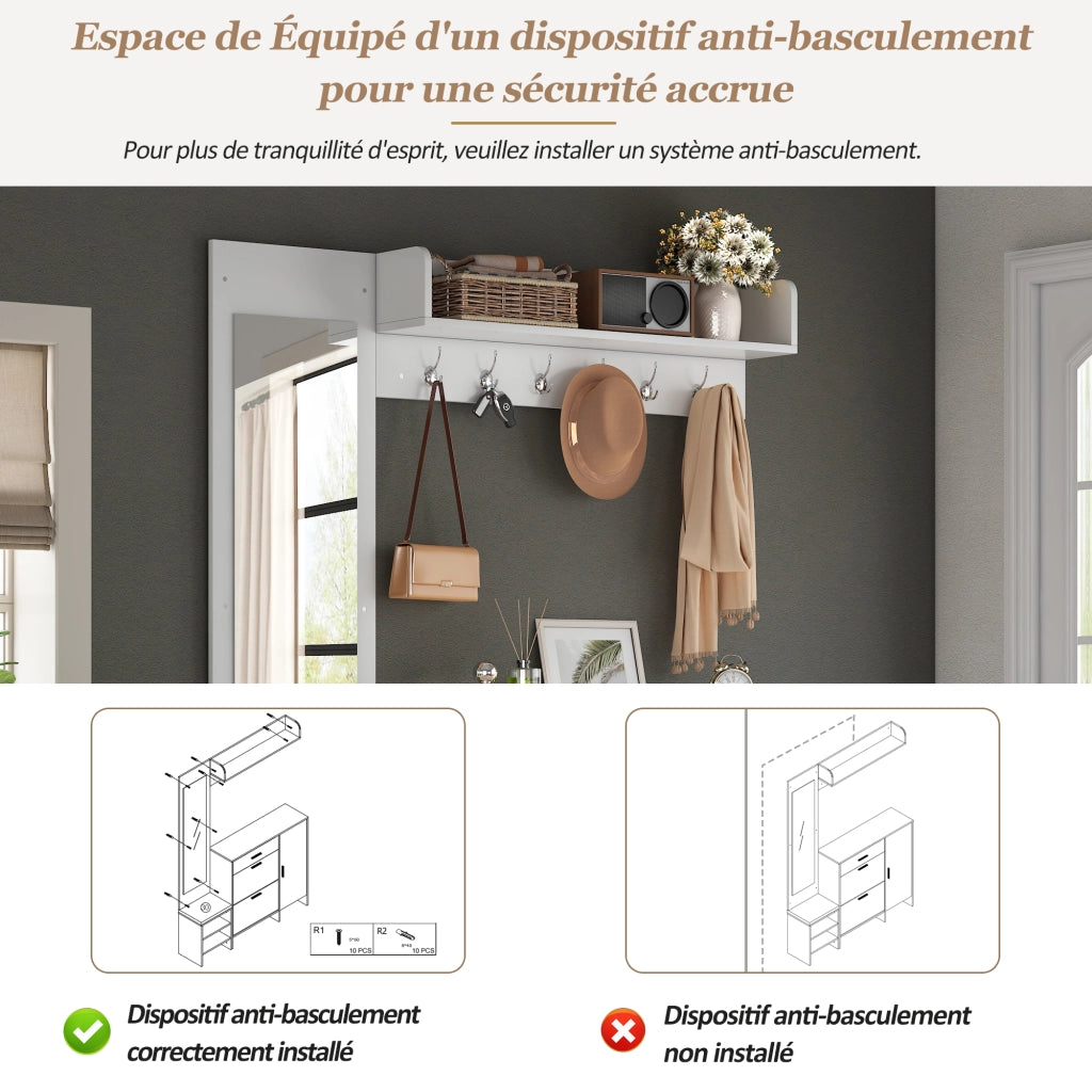 Mobile ingresso con 1 cassetto; 2 ante ribaltabili; 1 anta; 7 vani; 6 ganci; specchio e panca; per ingresso; 140 × 30 × 200 cm