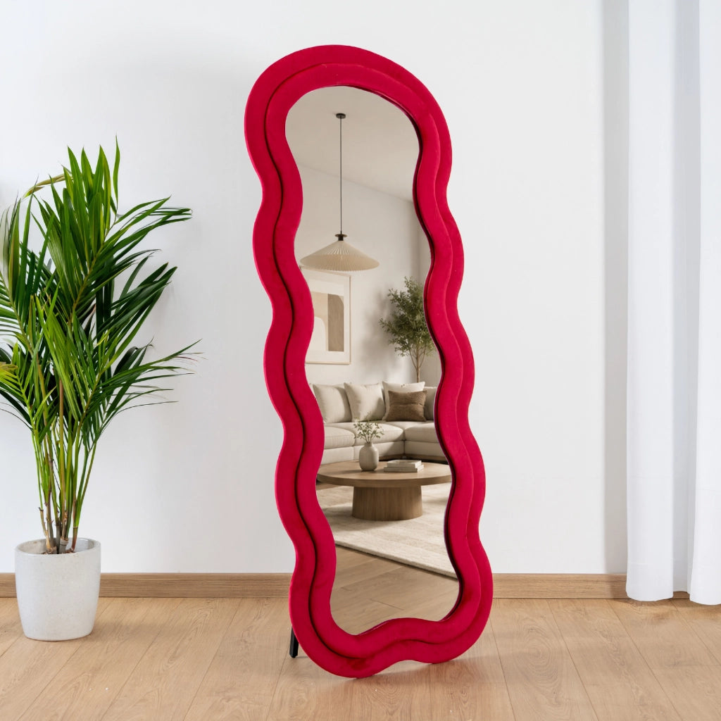 Specchiera da Terra 170x70 cm Design Ondulato Rivestita in Velluto con Supporto in Metallo Specchio Figura Intera Moderno per Camera da Letto Soggiorno Cabina Armadio Rosso