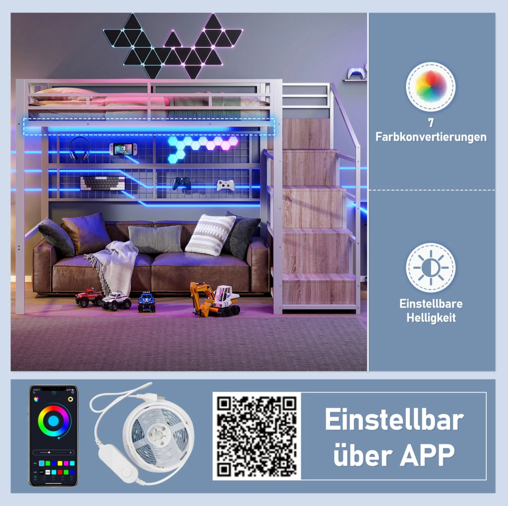 Letto a soppalco 140x200 con guardaroba e luce a 7 colori