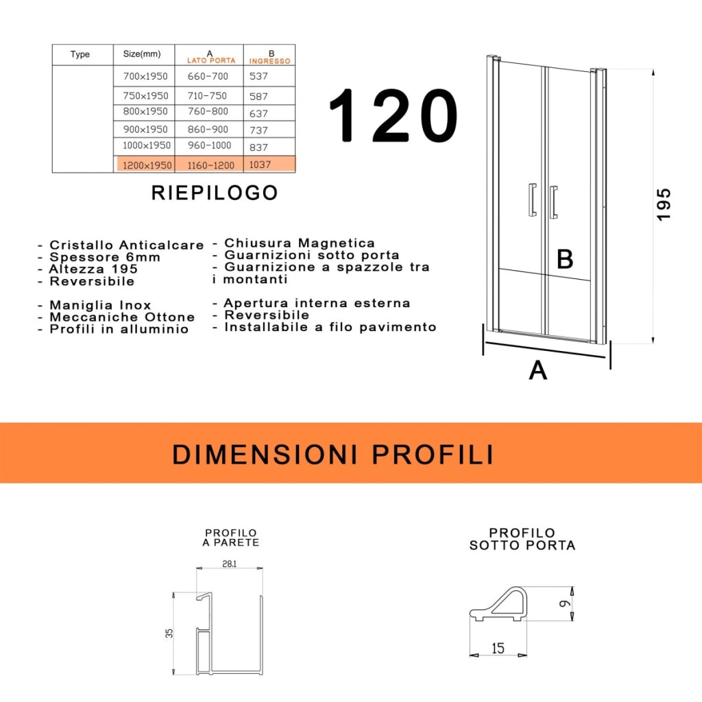 Porta doccia con due ante saloon in cristallo trasparente h195 6mm dobla, misura 120