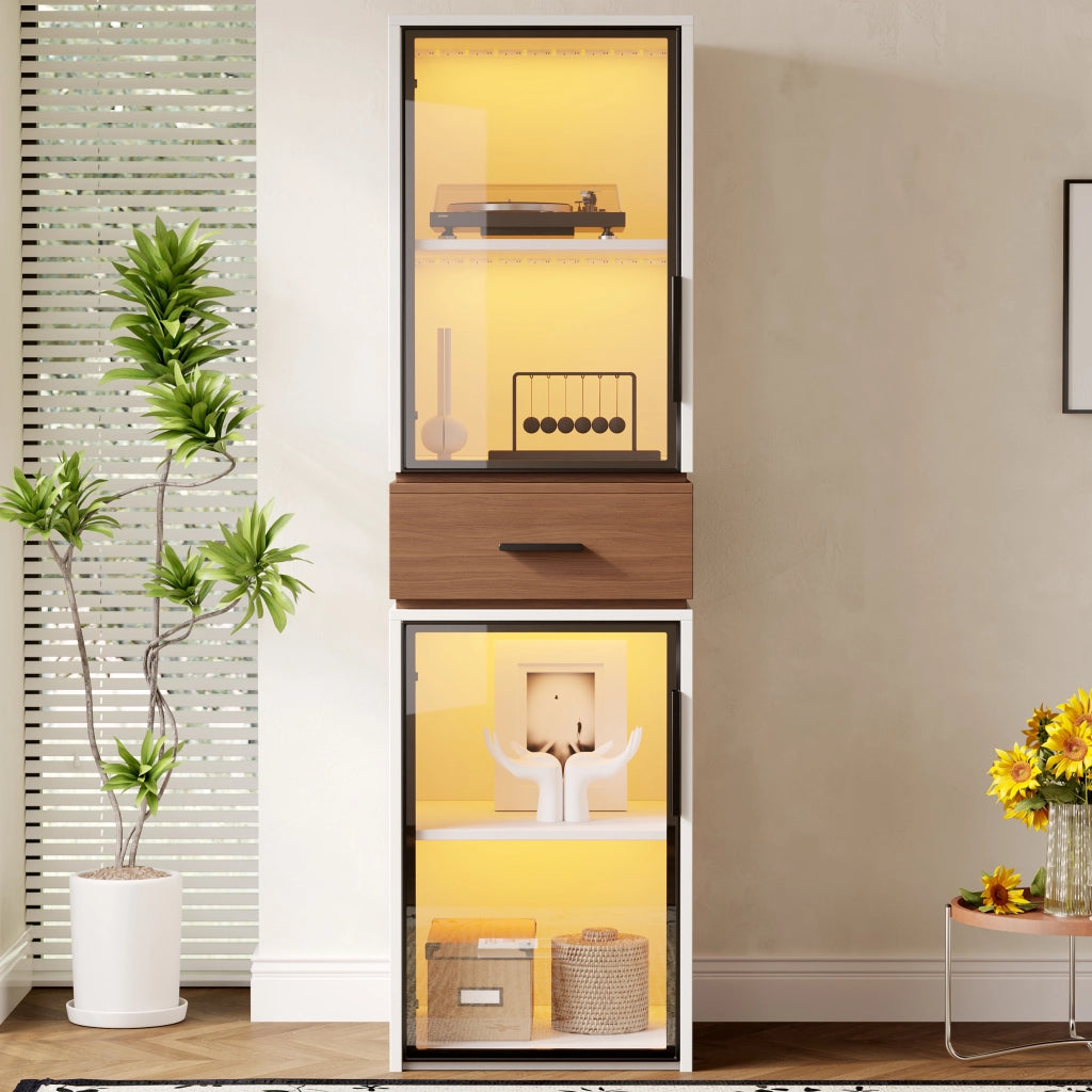 Vetrina in mdf con led e 2 ante in vetro temperato, 1 cassetto, per soggiorno e studio, bianco, 40 × 40 × 200 cm