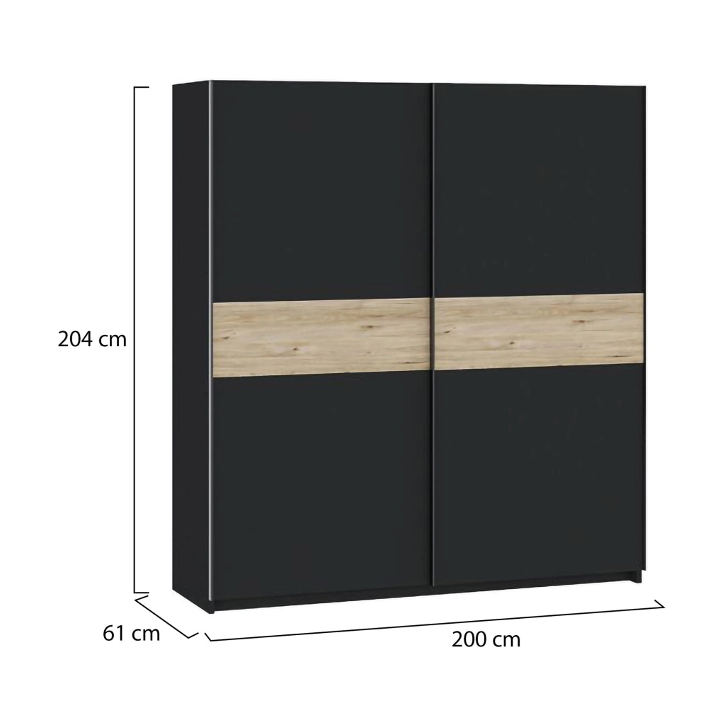 Armadio Camera da Letto Nalika, Guardaroba 2 Ante 2 Ripiani, 200x204h cm Nero Antracite