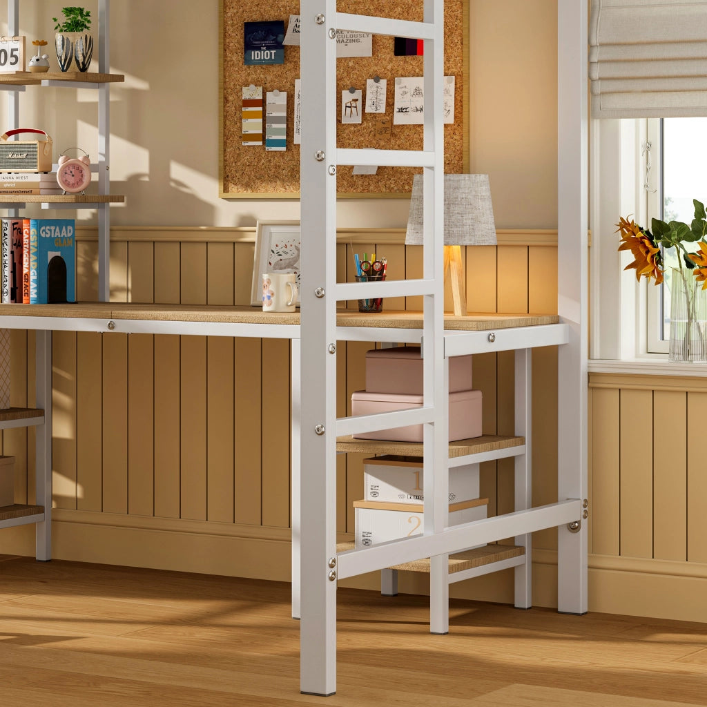 Letto a Soppalco Letto Singolo con Scrivania; Scaffali e Sponda; 90×200 cm; senza Materasso; Metallo e MDF; Bianco