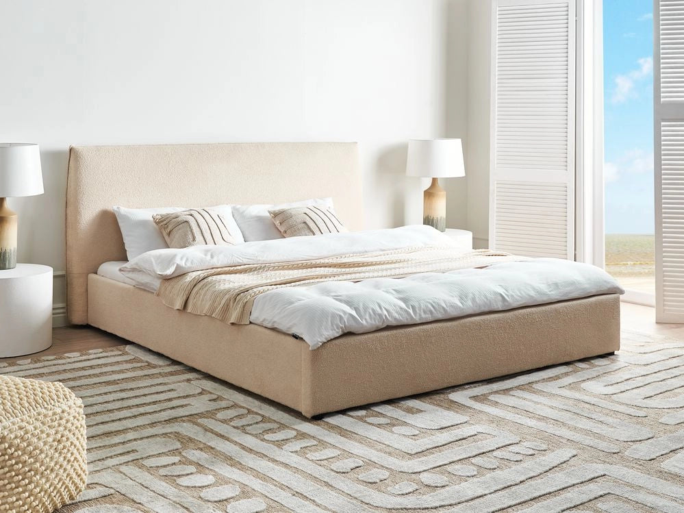 Letto matrimoniale in tessuto bouclé beige testata 180 x 200 cm Doghe in legno