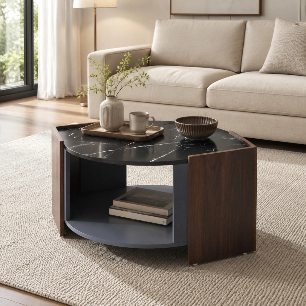 Tavolino da caffè effetto marmo nero e legno con vano contenitore, 96,5x63x40 cm