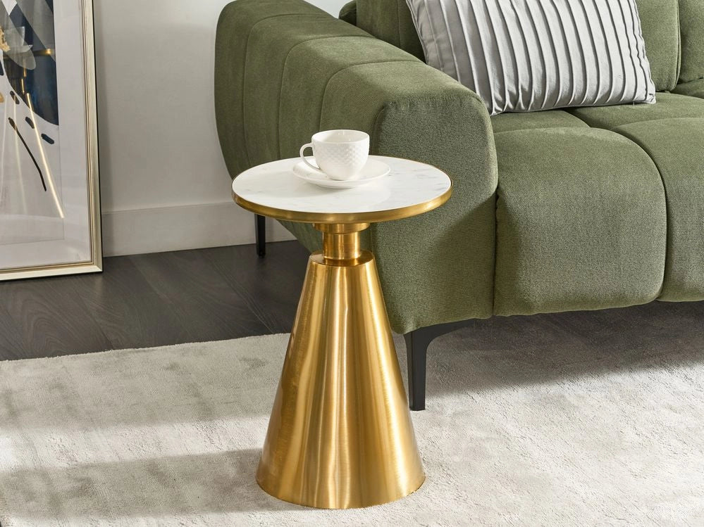 Tavolino moderno rotondo forma geometrica piano in pietra base in metallo bianco e oro soggiorno elegante
