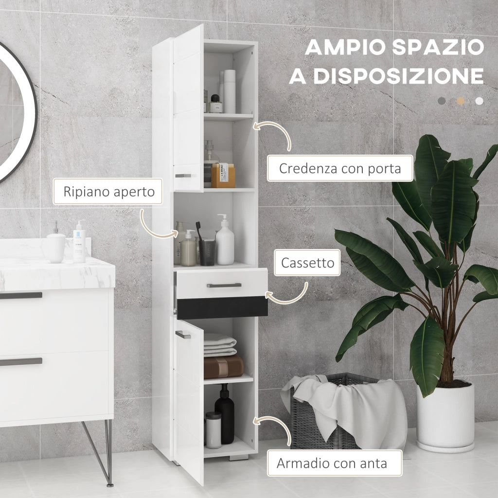 Colonna Bagno in MDF con Ripiano, Cassetto e Armadietto ¨C zephmum ¨C 37x32.5x170 cm, Bianco