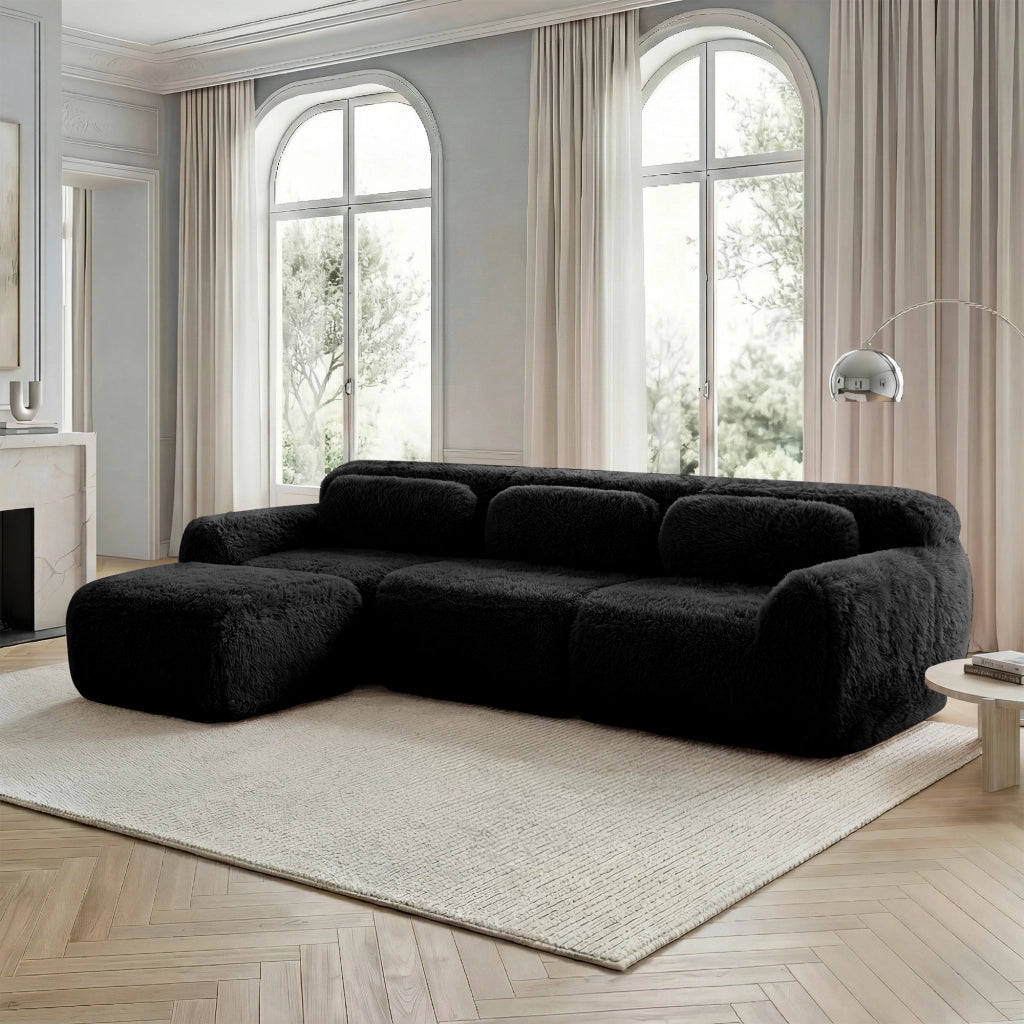 OKWISH Divano Angolare Modulare, Design senza Struttura con Seduta Profonda, Pouf Collegabile e Cuscini, Peluche, Nero