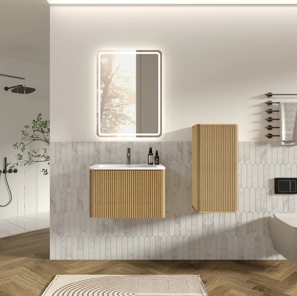 Set mobili bagno sospeso rovere con lavabo; specchio LED e colonna
