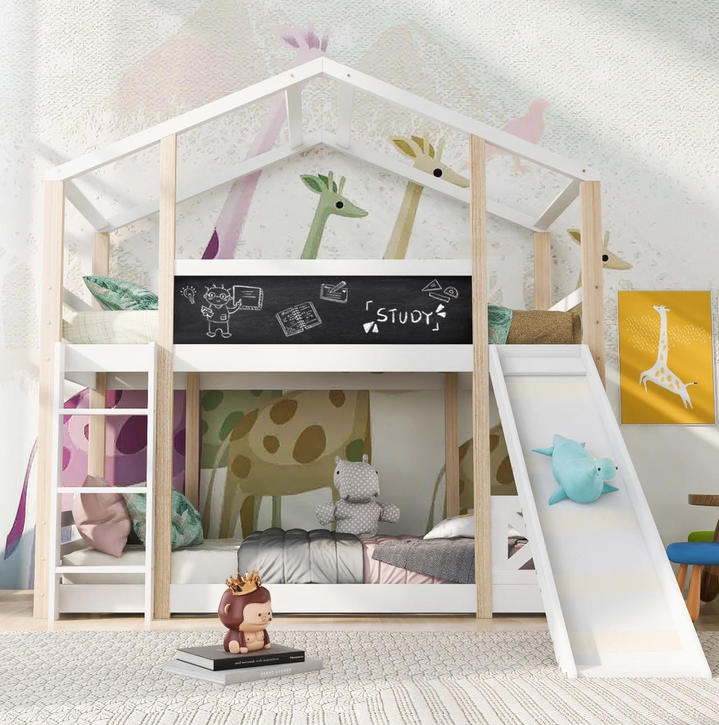 Letto a soppalco per bambini 90x200 cm con scivolo e scala; legno bianco