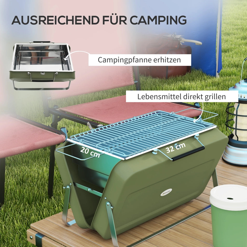 Barbecue a carbone da tavolo con vassoio per il carbone, griglia e maniglia per picnic e uso in giardino, acciaio inossidabile, verde