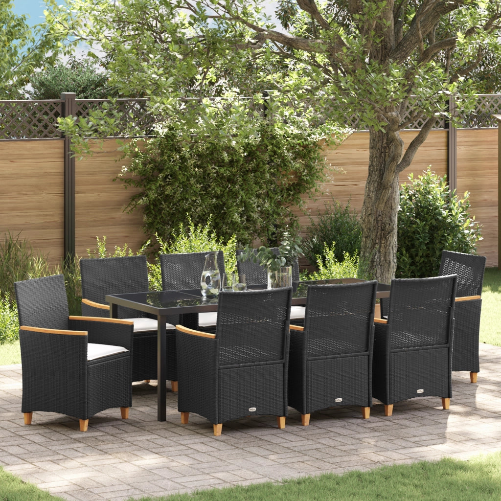 Set da pranzo da giardino 9 pezzi con cuscini neri in polyrattan