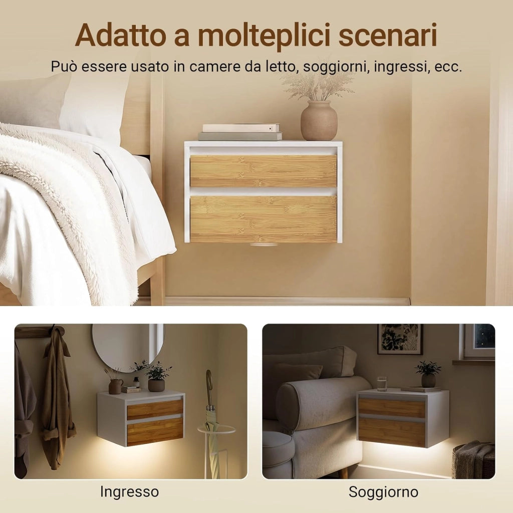 Comodino camera da letto sospeso con lampada a sensore di movimento rimovibile e 2 cassetti, Comodino da parete per camera da letto e ingresso, 40x29.8x25.6cm, Bianco Naturale, FBT175-E-WN