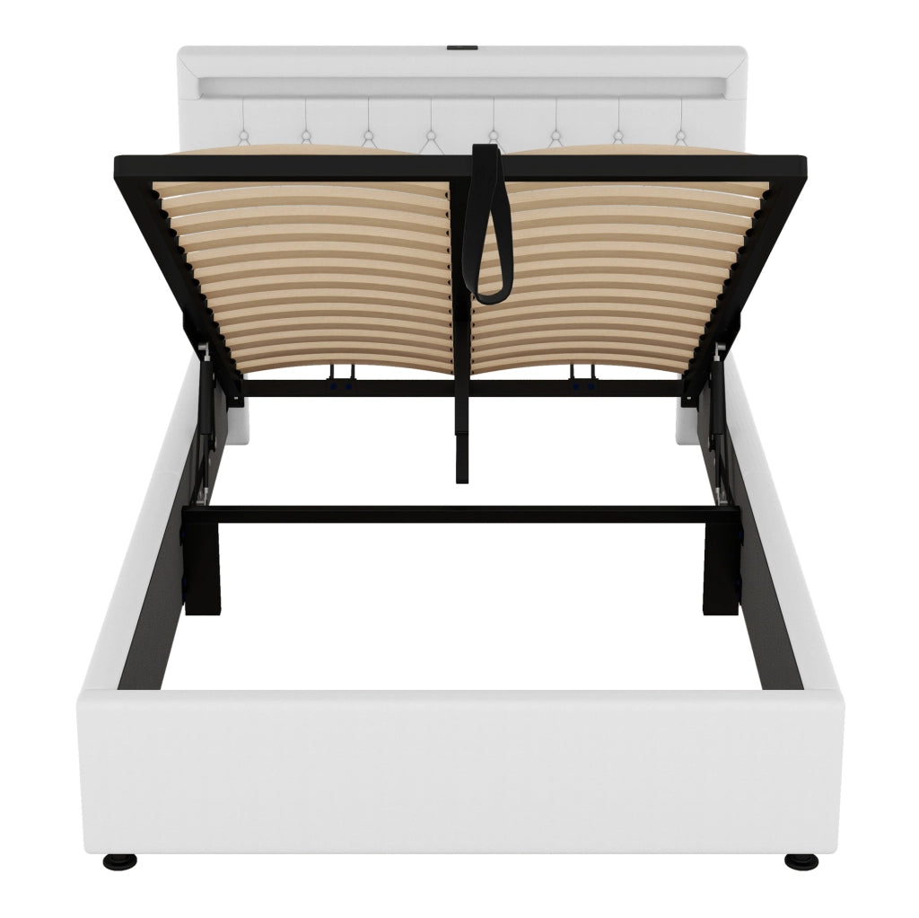 Letto imbottito 140x200 cm bianco con LED, USB-C e contenitore idraulico