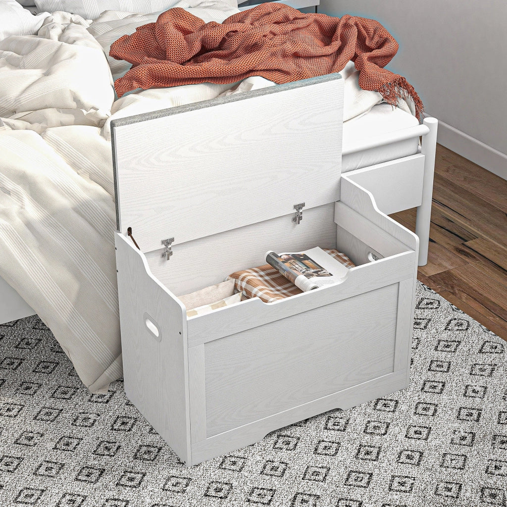 Panca Contenitore in Legno con Cuscino in Tessuto 103L 75x40x56cm Bianco